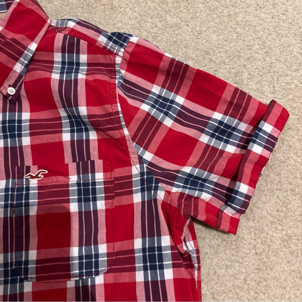 Hollister Red Checkered Plaid Short Sleeve Button Up Shirt Mens Size XL - Picture 3 of 12